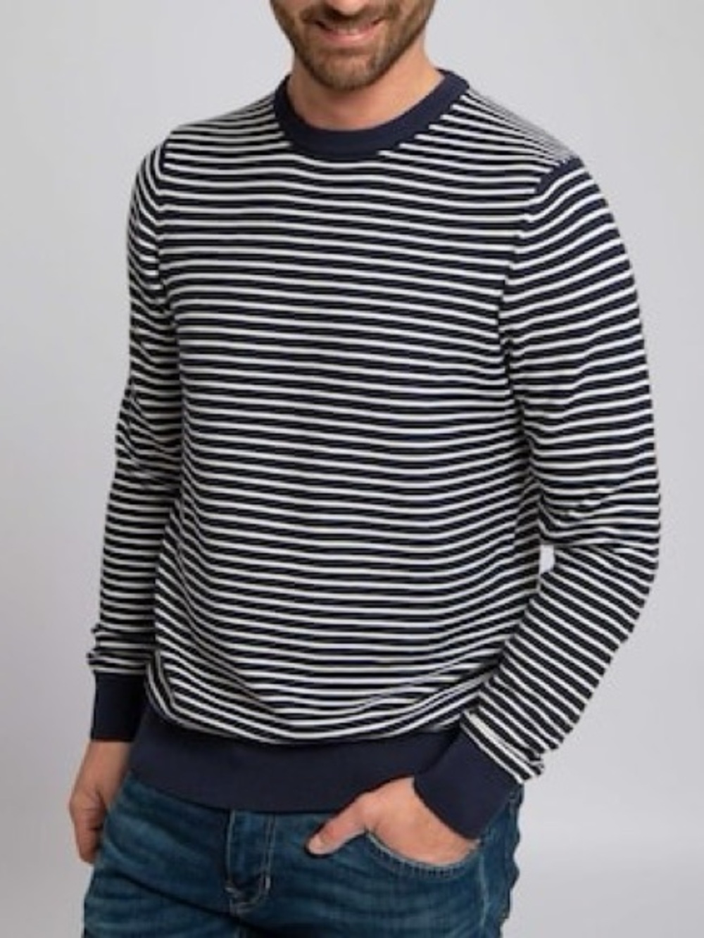 J. Crew Men’s Harbor Cotton Striped Crewneck Sweater, Navy & White, Medium